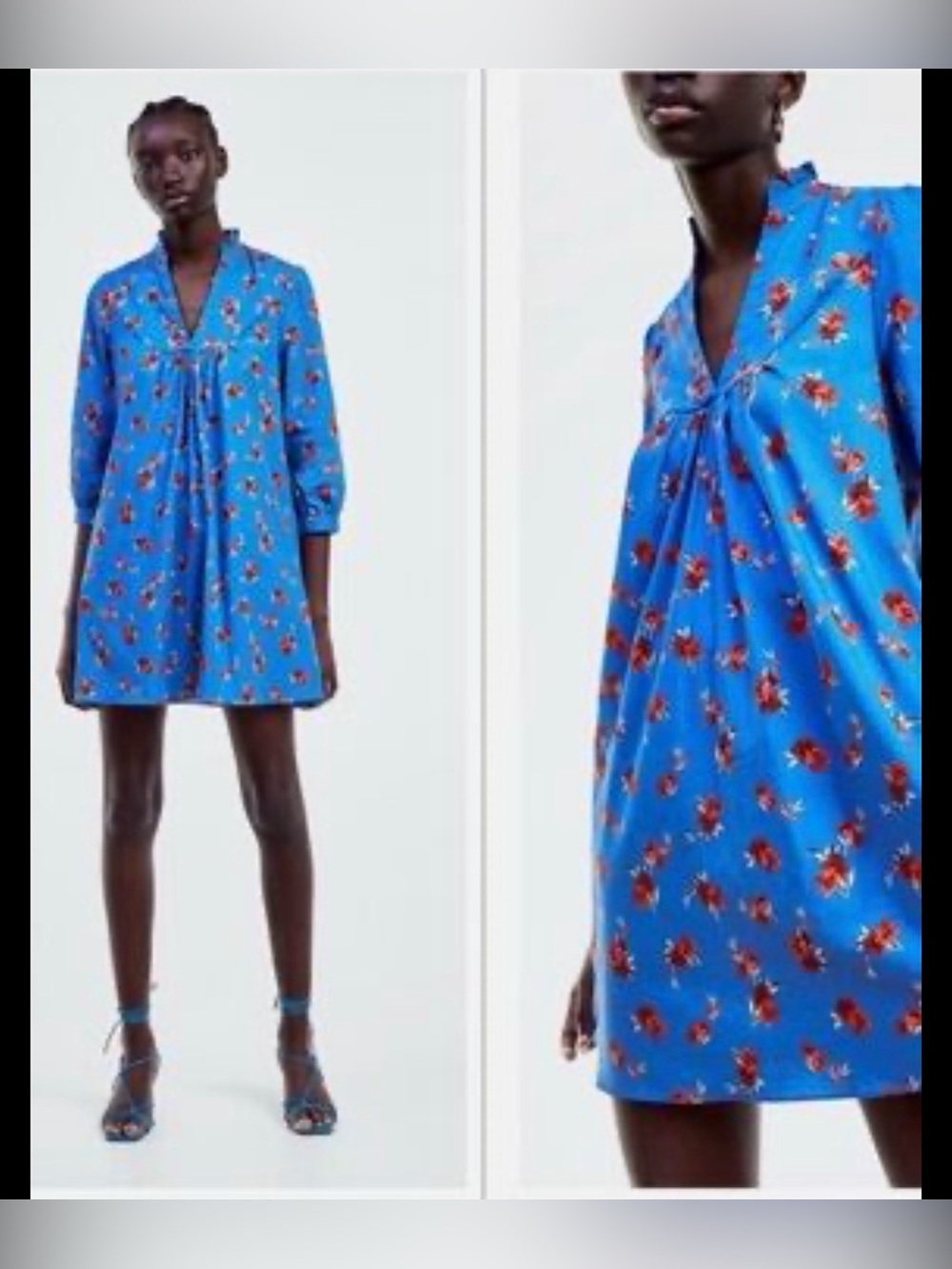 Zara Blue Floral V-Neck Swing Dress Medium